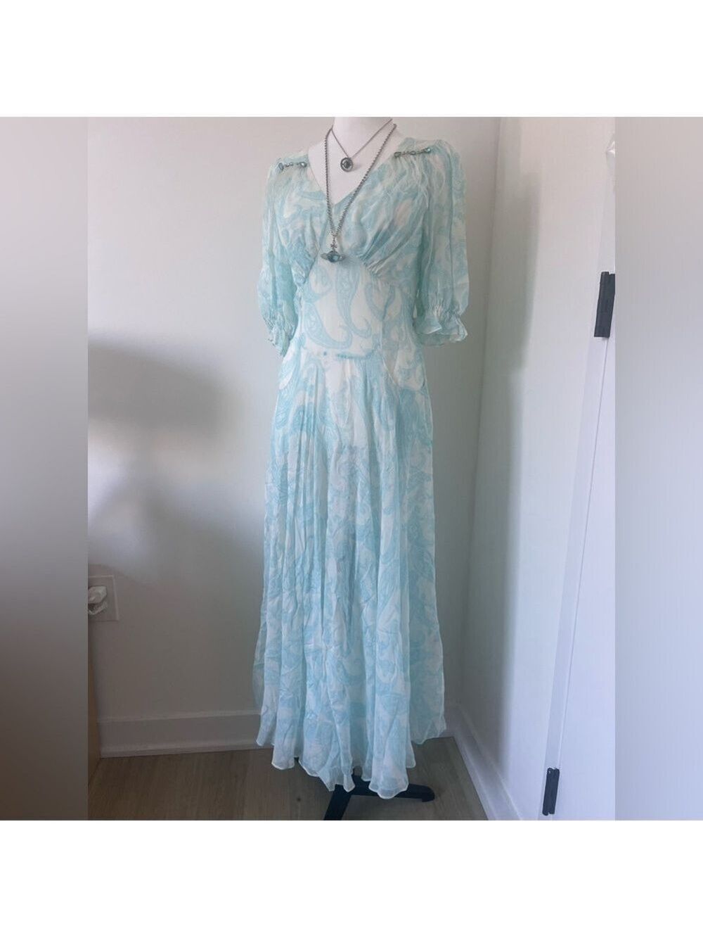Vintage 100% Silk Paisley Maxi Dress Aqua Feather Crystal Italy Boho Resort S